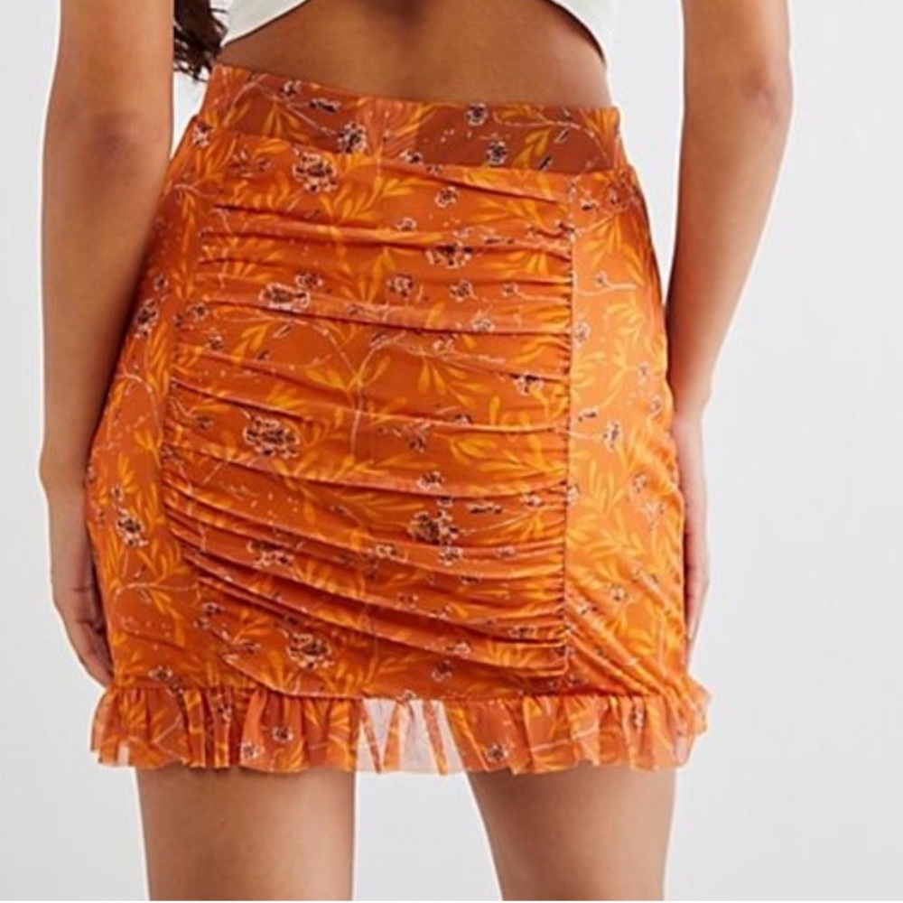 Free People Romi Mesh Mini Skirt Ruffles Floral Rust Orange Size XS Bohemian